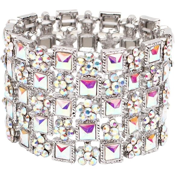 Art Deco Flower Crystal Elastic Wide Marquise Cluster Stretch Bangle Bracelet - Picture 1 of 6